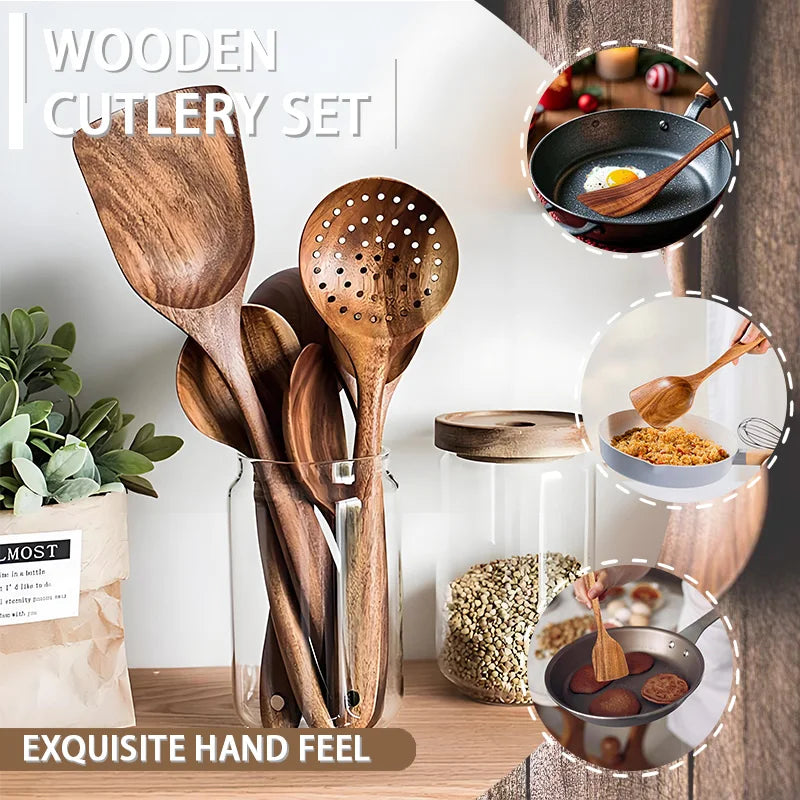 Teak Wooden Utensil Set 5-Piece - Natural Cooking Spoons, Spatula, Slotted Spoon, Salad Server, Non-Scratch Eco-Friendly Kitchen