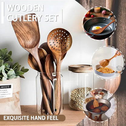 Teak Wooden Utensil Set 5-Piece - Natural Cooking Spoons, Spatula, Slotted Spoon, Salad Server, Non-Scratch Eco-Friendly Kitchen
